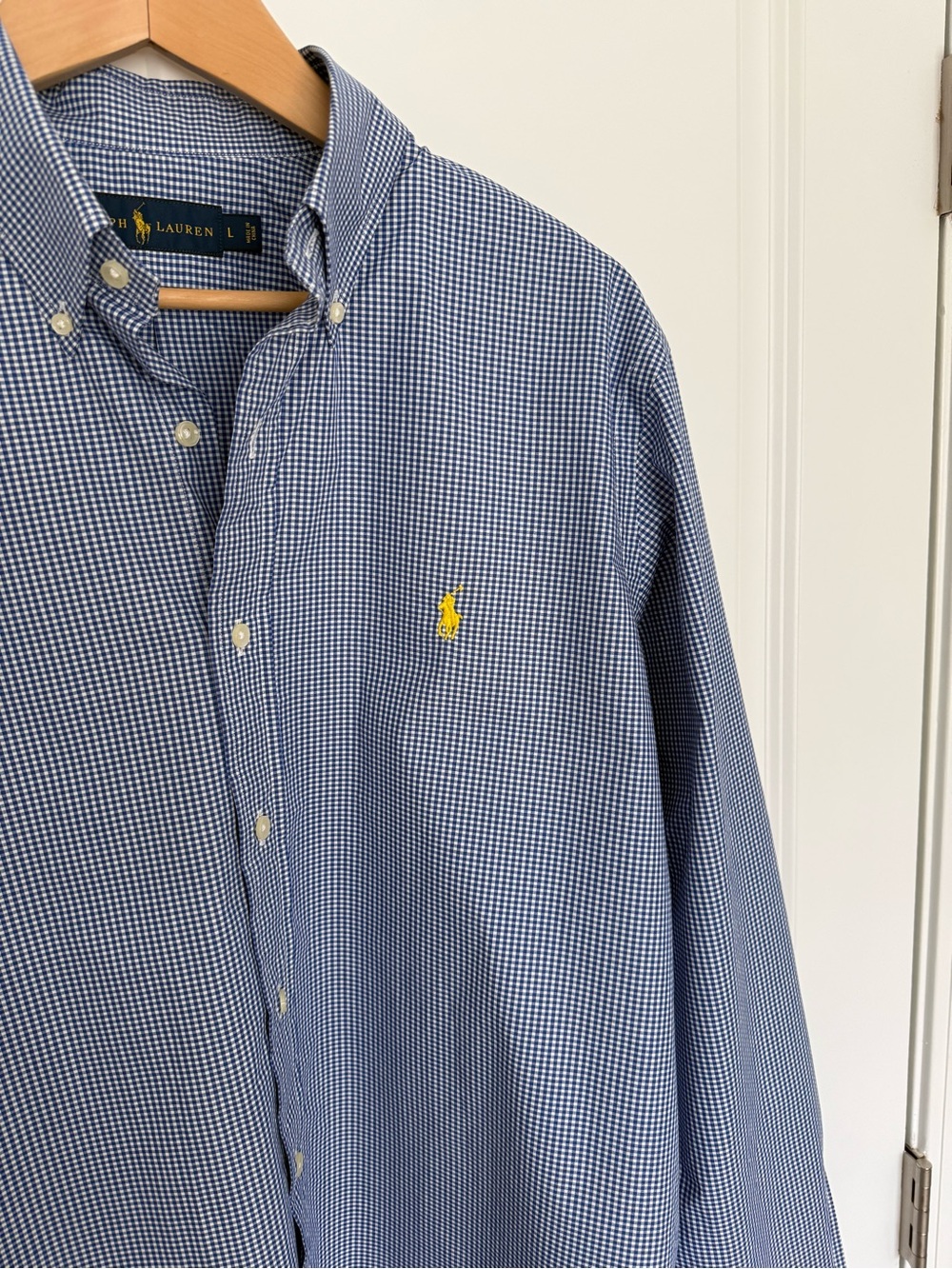 Polo by Ralph Lauren Men’s Blue Mini-Check Button-Down Shirt with Yellow Pony - Picture 2 of 3